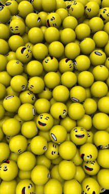 Yazı çekimi: Göz kırpan yüzlü sarı emoji toplarının 3 boyutlu görüntüsü. Tepkileri, göz kırpmayı, flört etmeyi, ima etmeyi gösteren popüler sosyal ağın Facebook veya Twitter simgeleri. Web içeriği popülerlik simgesi. Dikey