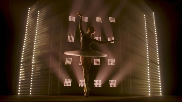 Young Ballerina White Tutu Dancing Pointe Shoes Tiptoes Backdrop Smoke — Stock Photo, Image