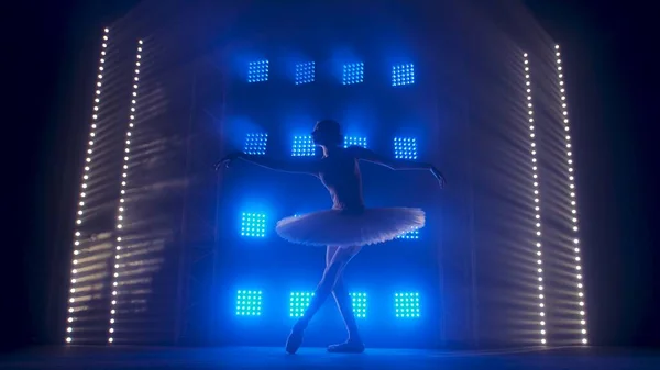 白い白鳥のダンスバレエ要素の形でバレリーナのシルエットは 柔らかい青の光と煙やスポットライトの背景に チュチュの女性とポイントダンスで優雅に暗闇の中 — ストック写真