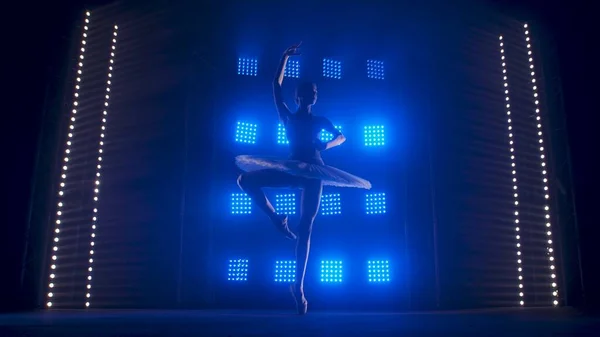 白いチュチュの若いバレリーナは 柔らかい青色の光を持つ煙やスポットライトを背景に つま先のポイントシューズで踊ります 柔軟な女性バレエダンサーのシルエットは暗闇の中でダンスパスを実行 — ストック写真