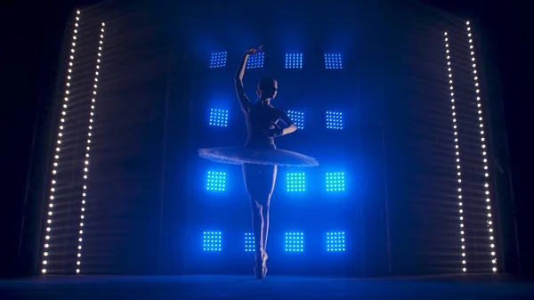 白いチュチュの若いバレリーナは 柔らかい青色の光を持つ煙やスポットライトを背景に つま先のポイントシューズで踊ります 柔軟な女性バレエダンサーのシルエットは暗闇の中でダンスパスを実行 — ストック写真