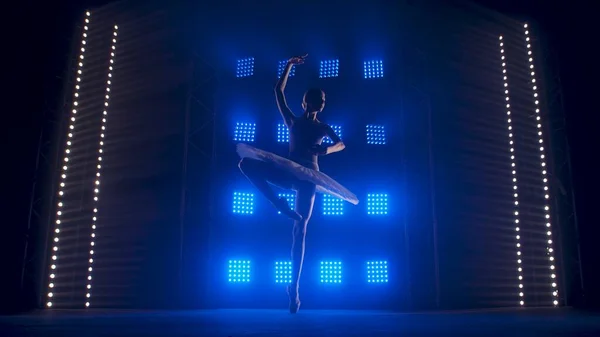 若いバレエダンサーは 柔らかい青の光で煙やスポットライトを背景に優雅に踊ります バレリーナは舞台衣装でダンスパスを行います シルエットの美しいですスリムフィギュアで白い白鳥 — ストック写真