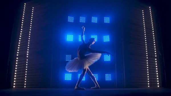 Young Ballet Dancer Gracefully Dancing Background Smoke Spotlights Soft Blue — Stock Photo, Image