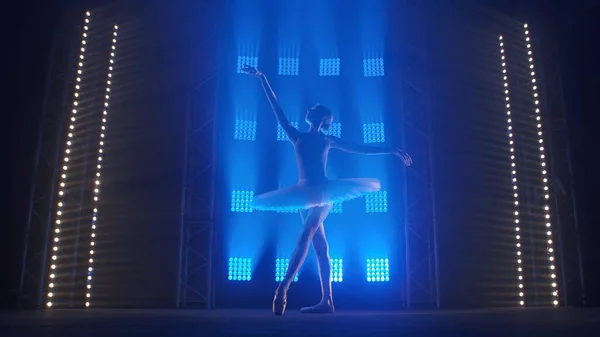 煙やスポットライトを背景に柔らかい青の光で踊る若い古典的なバレエダンサー 白い白鳥の舞台衣装でバレエ振付の要素を練習バレリーナのシルエット — ストック写真