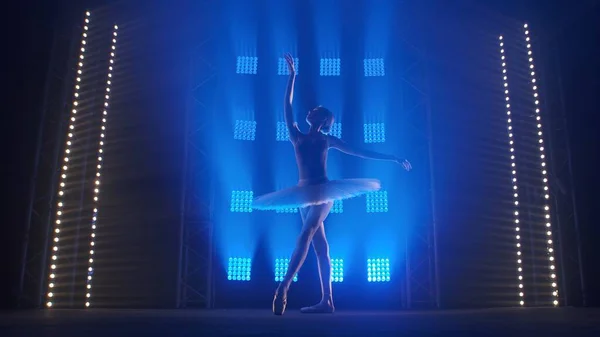 煙やスポットライトを背景に柔らかい青の光で踊る若い古典的なバレエダンサー 白い白鳥の舞台衣装でバレエ振付の要素を練習バレリーナのシルエット — ストック写真