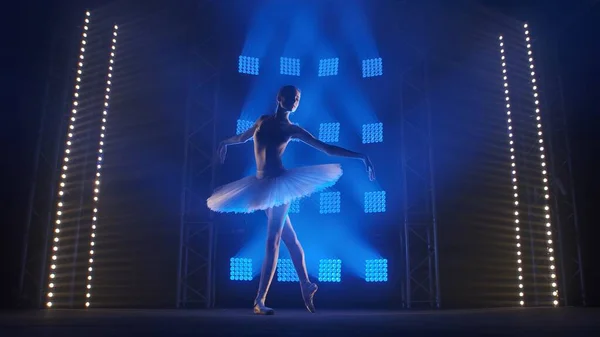 白いチュチュとポイントの靴で古典的なバレエ振付の優雅なバレリーナのダンス要素 青い光で煙やスポットライトを背景に踊る若い女性のシルエット — ストック写真