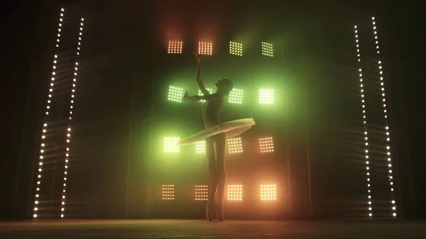 穿着白色晚礼服的年轻芭蕾舞演员在烟雾弥漫的背景下脚尖脚踏着尖鞋跳舞 还有柔和的红绿灯 柔韧的芭蕾舞女舞蹈演员的轮廓 — 图库照片