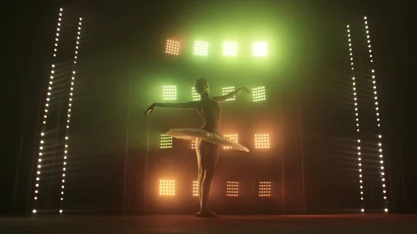 Giovane Ballerina Danzante Con Grazia Ballando Sullo Sfondo Fumo Riflettori — Foto Stock