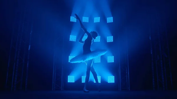 白い白鳥のチュチュのバレリーナのシルエットは 柔らかい青色の光で煙やスポットライトを背景に優雅に踊ります 振付の要素を練習する若い古典バレエダンサー — ストック写真