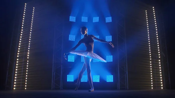 柔軟な若いバレリーナは白い白鳥の一部をリハーサルしています 女は古典バレエのパスを演奏します 滑らかな手の動き シルエットオンスモーキー背景でダークスタジオで中心にブルースポットライト — ストック写真
