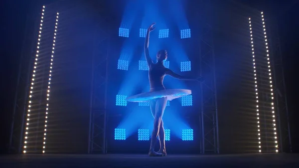 Theatrale Balletvoorstelling Uitgevoerd Door Jonge Balletdanser Witte Tutu Puntschoenen Silhouet — Stockfoto