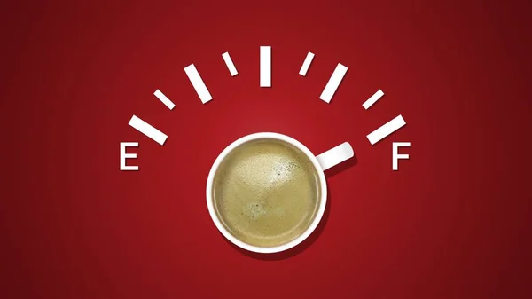 Skala Wskaźnika Paliwa Pokazująca Poziom Paliwa Filiżankę Kawy Pianką Czerwonym — Zdjęcie stockowe