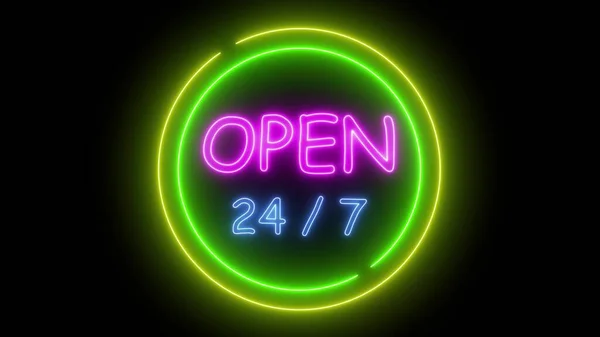 Computer Graphics Neon Open 24H Sign Black Background Electric Luminous — Stock Photo, Image