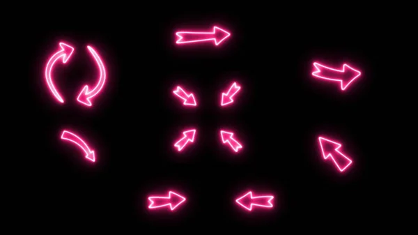 Uppsättning Neon Tecken Pilar Rosa Ljussignal Svart Bakgrund Glödande Riktning — Stockfoto