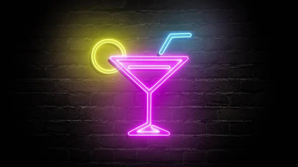 Neon Glödande Skylt Med Cocktailglas Och Halm Svart Tegelvägg Datorgrafik — Stockfoto