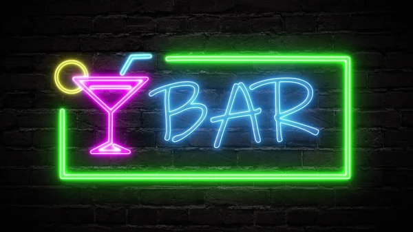 Neon glowing sign with cocktail glass and straw on black brick wall. Computer graphics of electric luminous billboard, banner from blue purple neon tubes. Neon sign shiny for Cocktail bar, pub