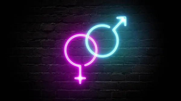 Neon glowing sign with male and female symbol on black brick wall. Computer graphics of electric luminous billboard, banner from blue pink neon tubes. Neon sign shiny for sexshop, nightclub or