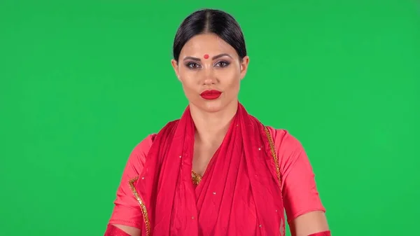 国の古典的な赤サリで赤ビンディドットと若いインドの女の子の肖像画をまっすぐ見て Aブルネットともに長い髪と赤い唇上の緑の画面でスタジオ — ストック写真
