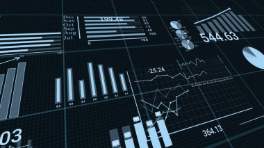 Growing stock market index graph. Stock market tickers with graphs charts. Digital graphics of stock market prices changing. Financial business diagram with charts and stock numbers clipart