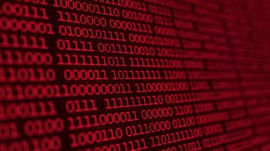 Siyah arkaplanda kırmızı haneli ikili kod matrisi arkaplanı. Algoritma ikili, veri kodu, şifre çözme ve kodlama, satır matrisi soyut arkaplan. Kripto para birimi ve bitcoin kavramı