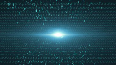 İkili bilgisayar kodu arka planı, dijital kodlu soyut siber uzay. Mavi arkaplanda farklı yapılandırmalarda ikili haneler 1 ve 0. Tasarımınız için grafiksel kavram