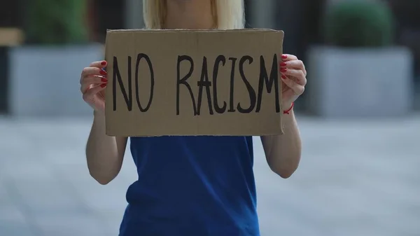 Racism Cardboard Poster Hands Female Protester Activist Stop Racism Concept — Stock Photo, Image