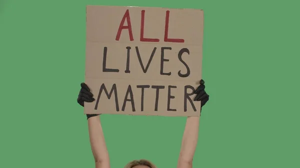 Händerna Okänd Person Svarta Handskar Höja Kartong Affisch All Lives — Stockfoto