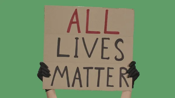 Hands Unknown Person Black Gloves Raise Cardboard Poster All Lives — Stock Photo, Image