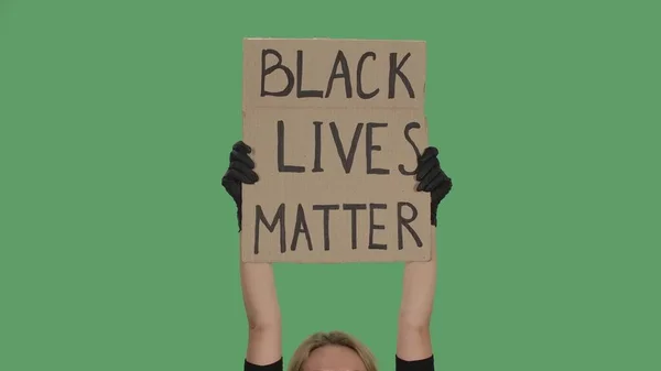 Hands Unknown Person Black Gloves Raise Cardboard Poster Black Lives — Stock Photo, Image