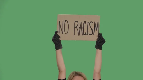 Hands Unknown Person Black Gloves Raise Cardboard Poster Racism Stop — Stock Photo, Image