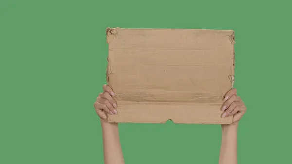 Women Hands Raising Blank Poster Cardboard Box Blank Space Your — Stock Photo, Image