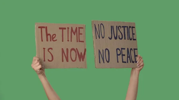 Nie Sprawiedliwości Nie Pokoju Teraz Jest Czas Protesty Sms Kartonie — Zdjęcie stockowe