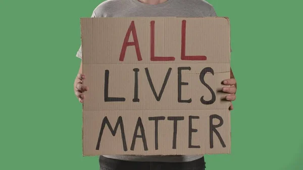 Man Holds Front Him Poster Cardboard Box Words All Lives — Stock Photo, Image