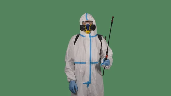 Lékařský Pracovník Ochranném Obleku Proti Biovirovému Spreji Chemikálií Dezinfekci Proti — Stock fotografie