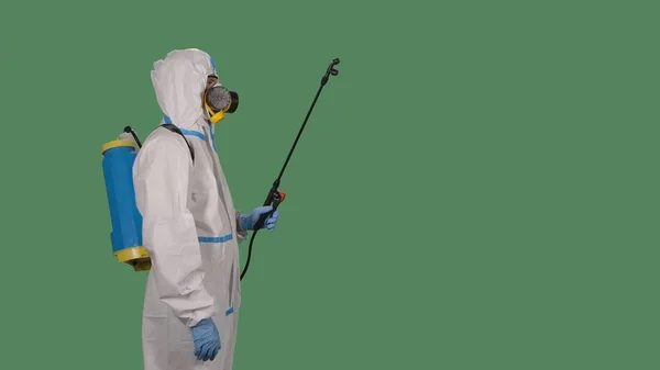 Side View Man Protective Suit Pressure Washer Disinfects Infected Area — Stock Photo, Image