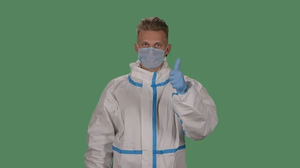Medical Worker Virologist White Protective Suit Medical Mask Showing Thumbs — Stock Photo, Image