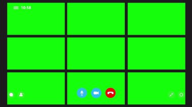 Tek büyük monitörle dokuz monitör görüntülü görüşme konferans arayüzü. Grup toplantısı bilgisayar ekranı. Uzaktan arama ve ekip içinde sohbet. Sanal eğitim. Yeşil ekran krom anahtarı