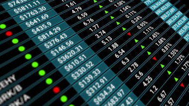 Hisse senedi piyasa değerlerinin dijital tablosu, şirketlerin endeksleri gelişiyor, büyüyor ve küçülüyor. Şifreli para satışı fonunun veri analizlerinin olduğu çizelgeler. Yatırımlar, bankacılık, ticaret