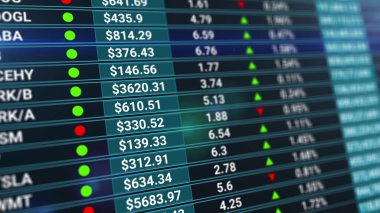 Borsa numaraları olan soyut bir geçmiş. Mavi arkaplanlı para birimi çizelgesi. Finansal konsept. Borsa verileri gösterimde. Şirketler dizinleri gelişiyor, büyüyor veya küçülüyor