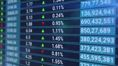 Borsa verilerinin dijital tablosu bir ızgara üzerinde işleniyor ve işleniyor. Küresel ekonomi borsa dijital kompozisyonu. Mavi arkaplanlı para birimi çizelgesi. Veri analizine sahip grafikler