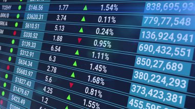Borsa saatleri. İstatistikli dijital ekran, satış sayısı, yüzde, büyüme ve düşüş. Soyut mavi finansal geçmiş. Kripto para biriminin veri analizi çizelgeleri