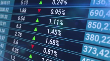 Borsa saatleri. İstatistikli dijital ekran, satış sayısı, yüzde, büyüme ve düşüş. Soyut mavi finansal geçmiş. Kripto para biriminin veri analizi çizelgeleri