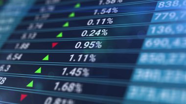 Borsa verileri bir ızgara üzerinde işler ve işler durumda. İstatistikli dijital ekran, satış sayısı, yüzde, büyüme ve düşüş. Soyut mavi finansal arkaplan