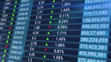 Borsa verileri bir ızgara üzerinde işler ve işler durumda. İstatistikli dijital ekran, satış sayısı, yüzde, büyüme ve düşüş. Soyut mavi finansal arkaplan