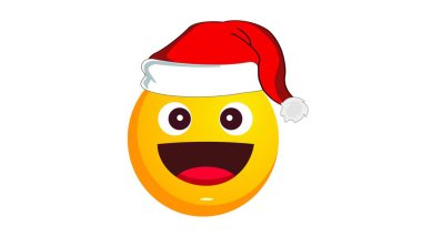 Noel Baba 'nın Noel Baba şapkasıyla gülen sarı emoji beyaz arka planda izole edilmiş. Pozitif duygu kavramı. Kış tatili simgesi. Sosyal medya tepki simgesi