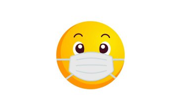 Şok olmuş, şaşırmış, beyaz arka planda tıbbi maskeli sarı emoji topu. Olumsuz duygular konsepti. Sosyal medya tepki simgesi