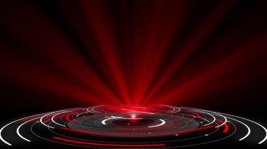 Hologram yuvarlak HUD tasarımı. Kırmızı renklerde dijital teknoloji konsepti. Radikal grafik görselleştirme. Yüksek teknoloji paneli. Fütürist arayüz. Modern gösteri. Sanal veri. 3B görüntüleme