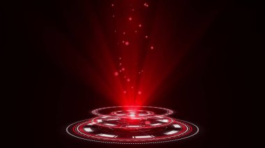 Hologram yuvarlak HUD tasarımı. Kırmızı renklerde dijital teknoloji konsepti. Radikal grafik görselleştirme. Yüksek teknoloji paneli. Fütürist arayüz. Modern gösteri. Sanal veri. 3B görüntüleme