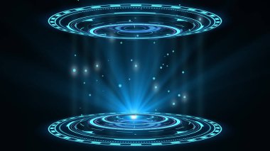 Çift mavi hologram HUD daire arayüzü. Dijital veri ağı koruması, gelecekteki teknoloji ağı kavramı. Her türlü yüksek teknoloji, bilim, teknoloji ya da fütürist konsept için mükemmel. Üç Boyut