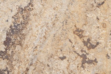 Duvar, beyaz, gri ve kahverengi lekeli dekoratif mermer kırıntılarıyla kaplı. Ön cephesinde pas lekeleri olan mermer alçılı eve bakıyor. Yapı mermer parçacıklarının makro çekimi, beton